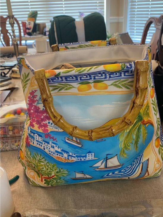 Unbranded Handbags - Coastal Print Bamboo-Handle Tote Bag - Blue
